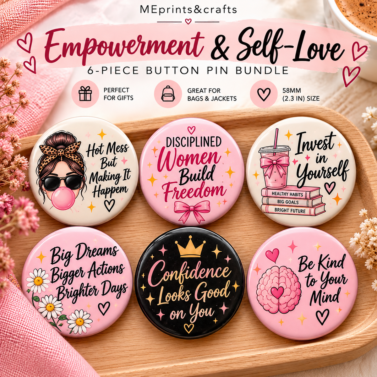 Six-pin bundle product mockup showing all included designs