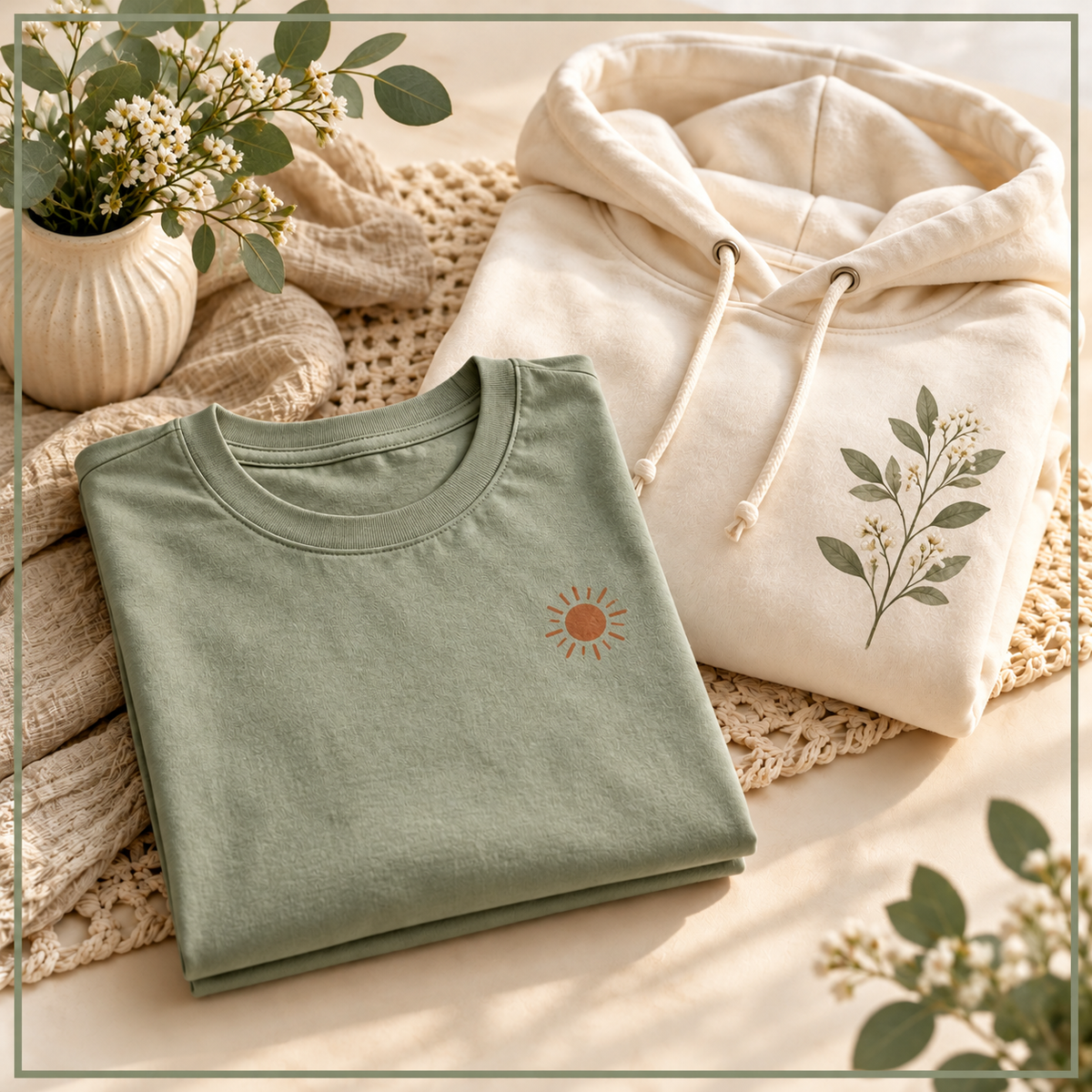 Illustrative Custom Clothing collection in sage, cream and terracotta.