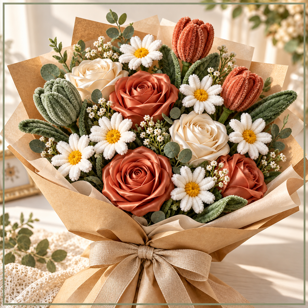 Illustrative Forever Flowers collection in sage, cream and terracotta.