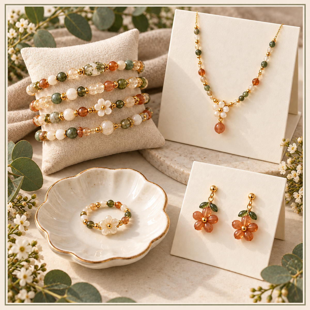 Illustrative Handmade Jewelry collection in sage, cream and terracotta.