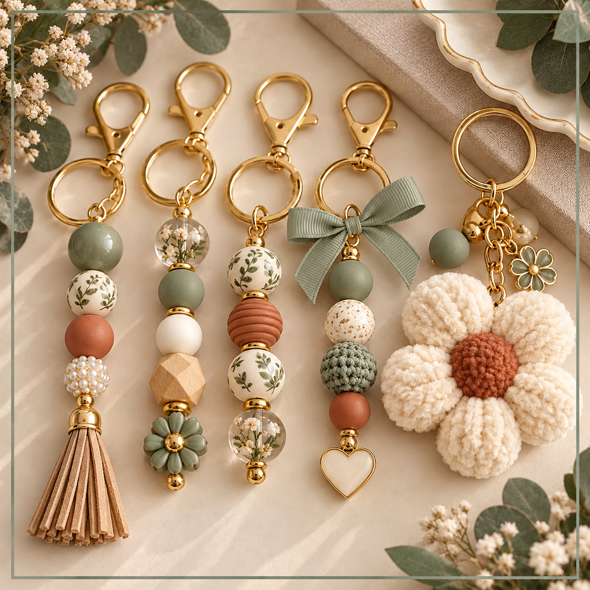 Illustrative Handmade Keychains collection in sage, cream and terracotta.