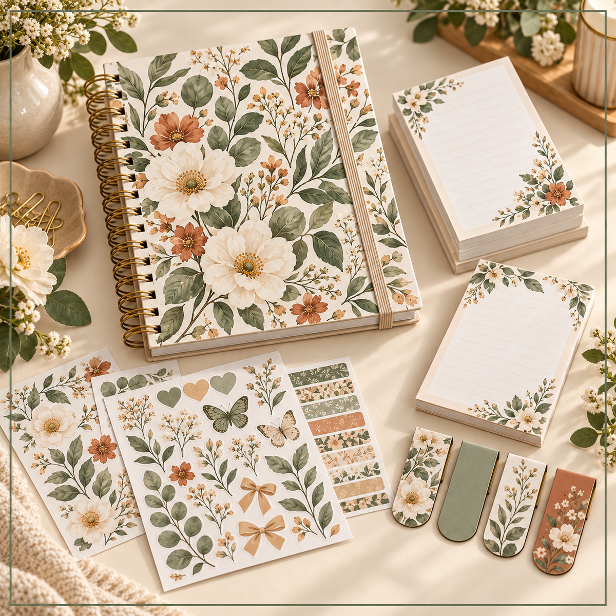 Illustrative Paper & Stationery collection in sage, cream and terracotta.