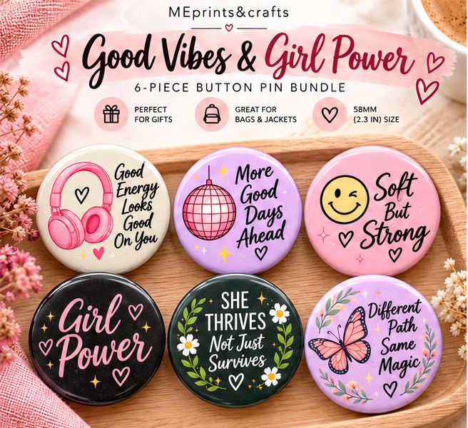 Six-pin bundle product mockup showing all included designs