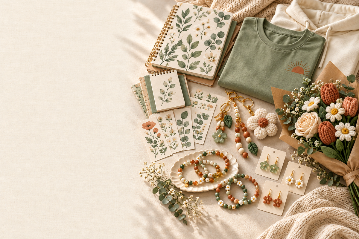 Illustrative stationery, custom clothing, keychains, handmade flowers and jewelry in sage, cream and terracotta.
