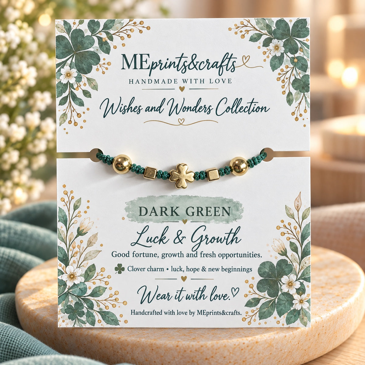 Wishes and Wonders Dark Green bracelet with matching message card