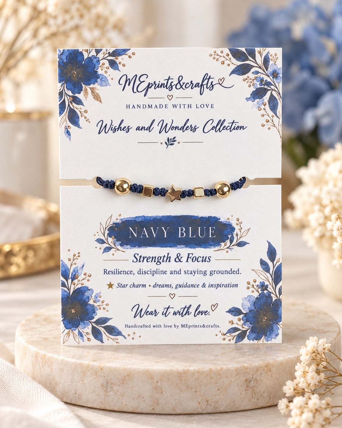 Wishes and Wonders Navy Blue bracelet with matching message card