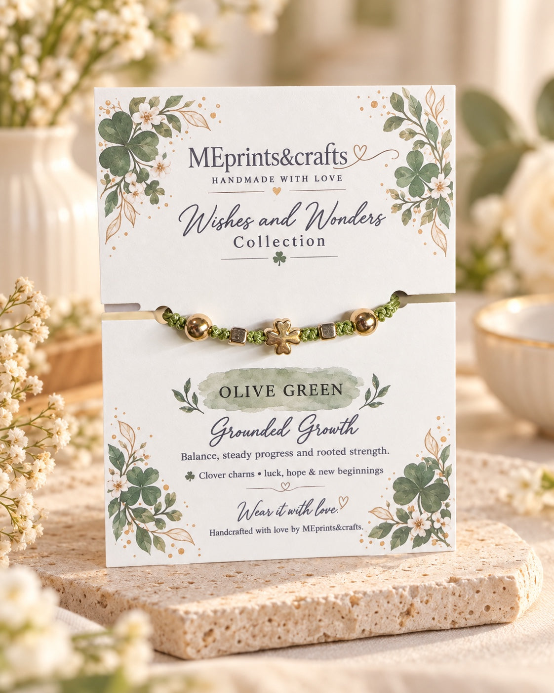 Wishes and Wonders Olive Green bracelet with matching message card