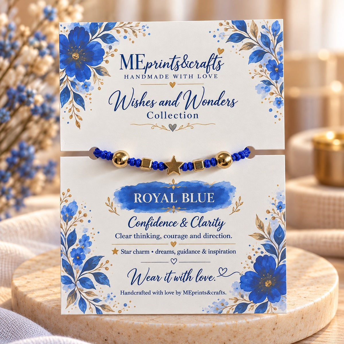 Wishes and Wonders Royal Blue bracelet with matching message card